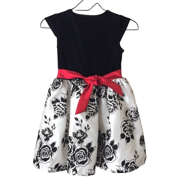 Girls Black White Velour Roses Fit & Flare Dress - Picture 3 of 8